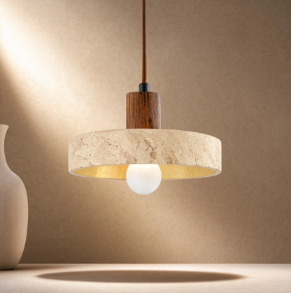 Wabi-Sabi Travertine Ring & Wood Base Pendant Light