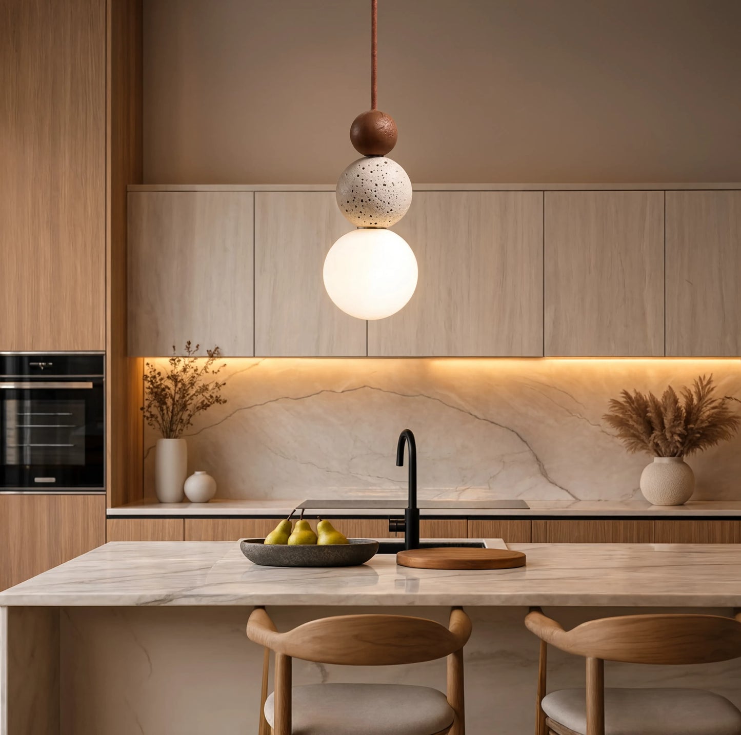 Wabi-Sabi Travertine Stone & Wood 3-Ball Pendant Light