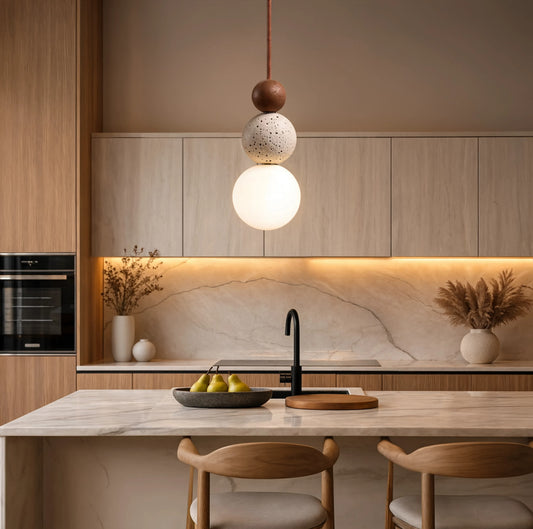 Wabi-Sabi Travertine Stone & Wood 3-Ball Pendant Light