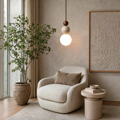 Wabi-Sabi Travertine Stone & Wood 3-Ball Pendant Light