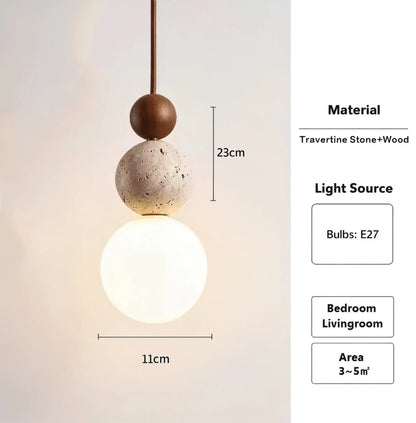 Wabi-Sabi Travertine Stone & Wood 3-Ball Pendant Light