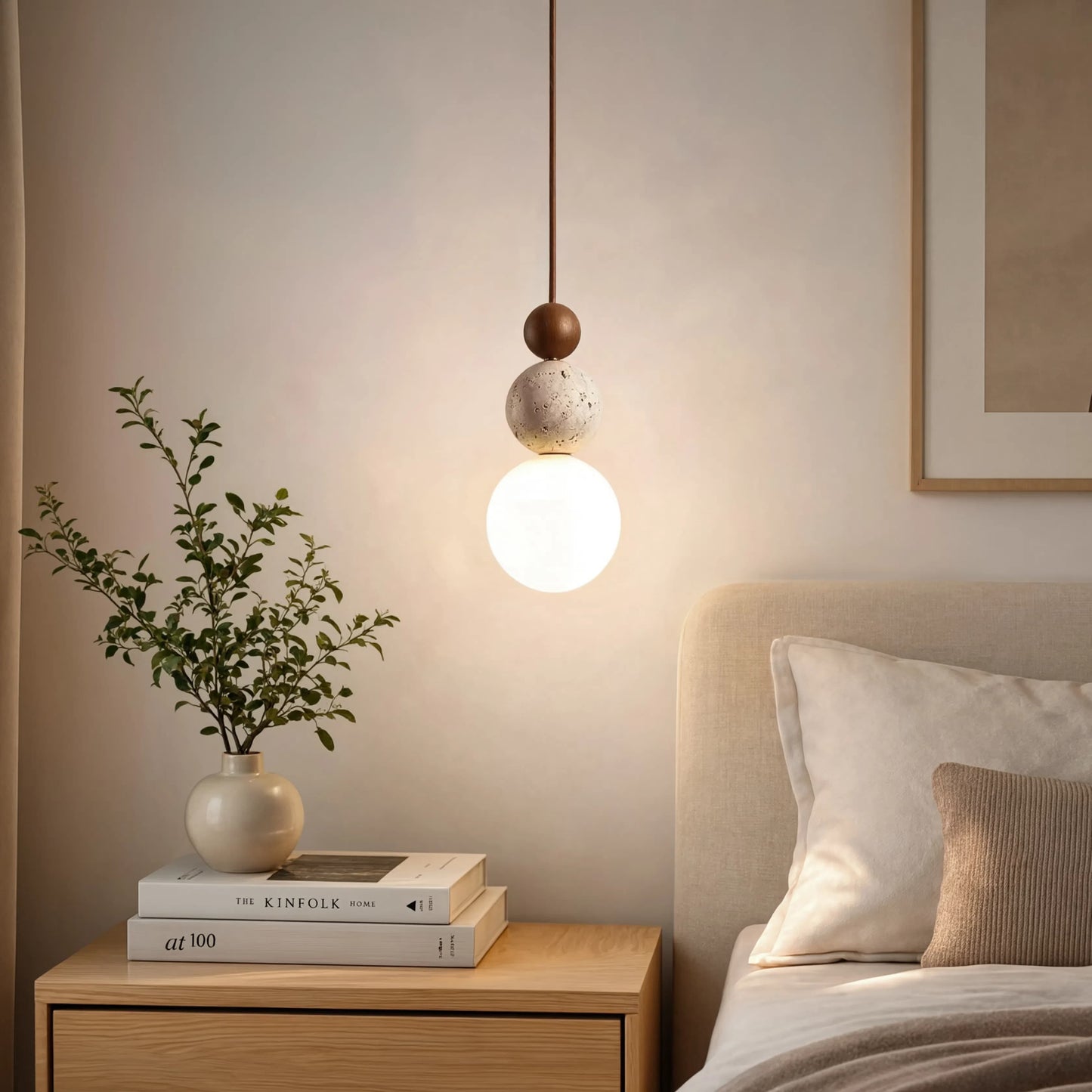 Wabi-Sabi Travertine Stone & Wood 3-Ball Pendant Light
