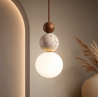 Wabi-Sabi Travertine Stone & Wood 3-Ball Pendant Light