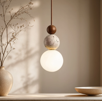Wabi-Sabi Travertine Stone & Wood 3-Ball Pendant Light