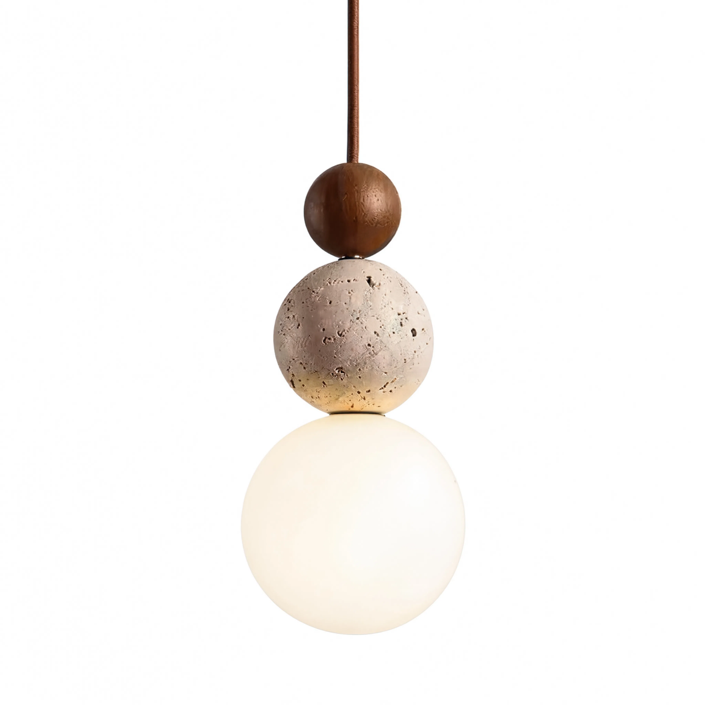 Wabi-Sabi Travertine Stone & Wood 3-Ball Pendant Light
